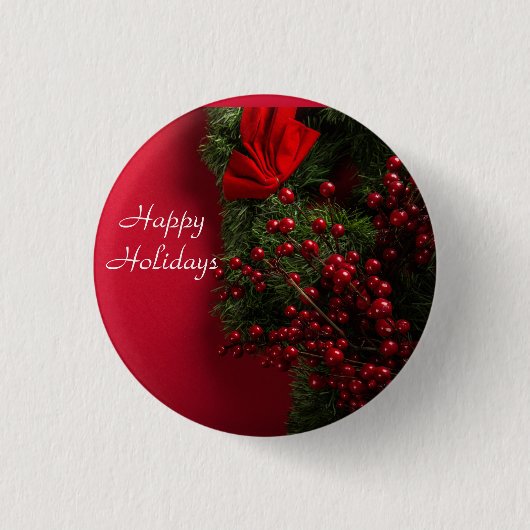 kerstkrans met rode bessen ronde button 3,2 cm (Voorkant)