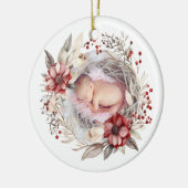 Kerstkrans met rode bloemen, bessen foto keramisch ornament (Links)