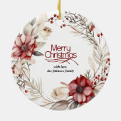 Kerstkrans met rode bloemen, bessen foto keramisch ornament (Achterkant)