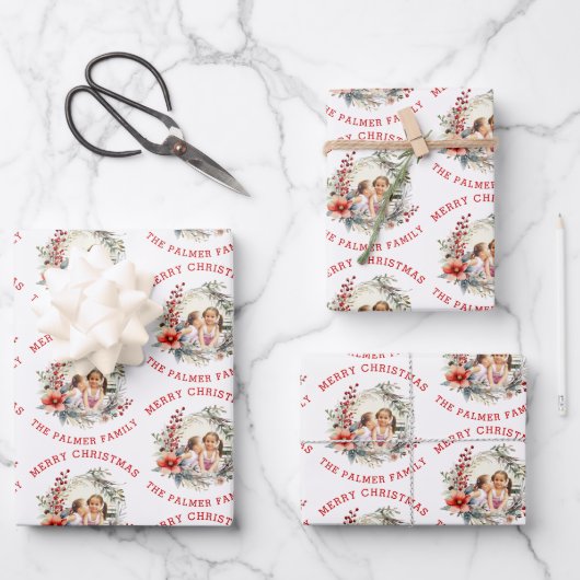 Kerstkrans met rode bloemen en foto inpakpapier vel (Voorkant)