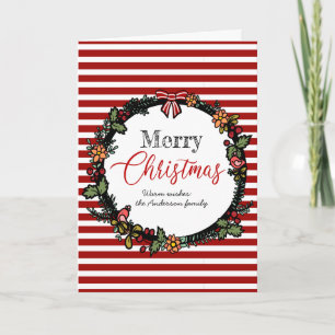 Kerstkrans met rode strepen vrolijk kerstfeest kaart