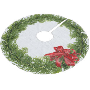 Kerstkrans met rode strik op hout kerstboom rok