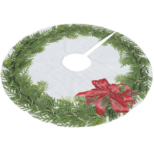 Kerstkrans met rode strik op hout kerstboom rok (Gekanteld)