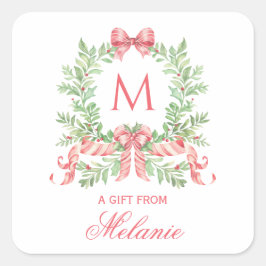 Kerstkrans met strik | Monogram Vierkante Sticker