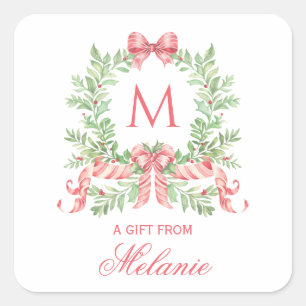 Kerstkrans met strik Monogram Vierkante Sticker