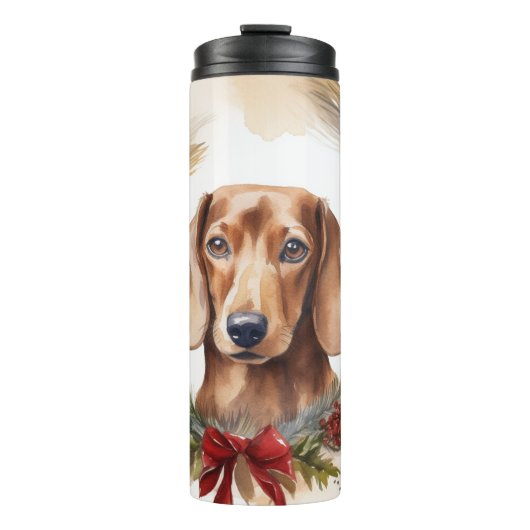 Kerstkrans met Teckel Feestelijke Pup Thermosbeker (Voorkant)