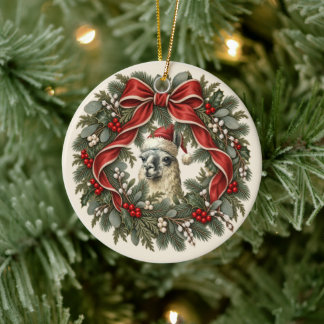 Kerstkrans met vintage lama keramisch ornament