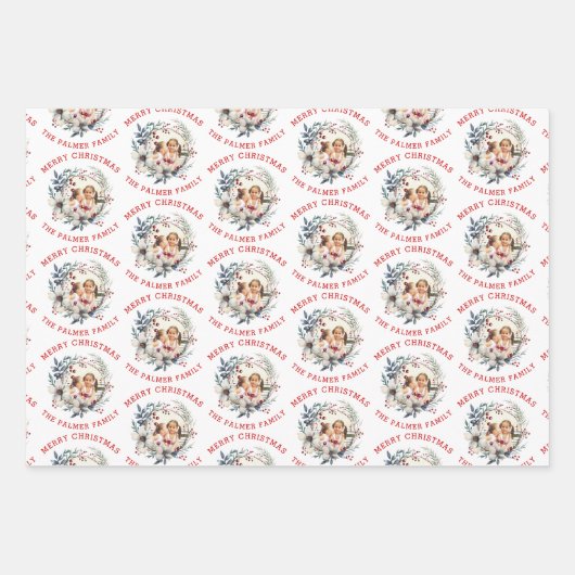 Kerstkrans met witte bloemen en foto inpakpapier vel (Voorkant 2)