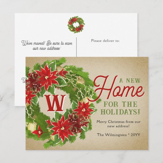 Kerstkrans Monogram Bewegende aankondiging Briefkaart (Voorkant / Achterkant)