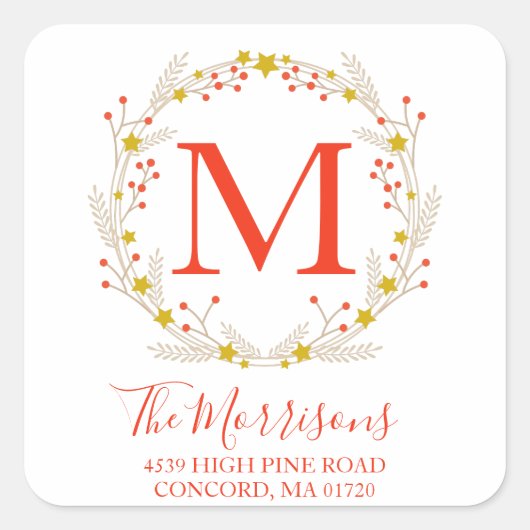 Kerstkrans Monogram Botanische Return Adres Vierkante Sticker (Voorkant)