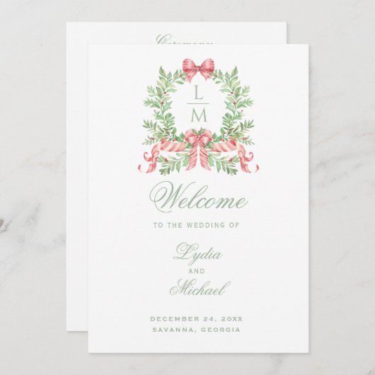 Kerstkrans Monogram bruiloft programma Programmakaart (Voorkant / Achterkant)