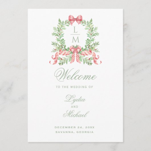 Kerstkrans Monogram bruiloft programma Programmakaart (Voorkant)