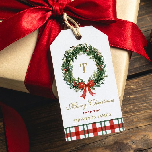 Kerstkrans Monogram Geruite Familienaam Cadeaulabel