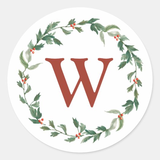 Kerstkrans & Monogram Initiaal Envelopzegel Ronde Sticker (Voorkant)