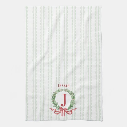 Kerstkrans monogram met naam theedoek (Verticaal)