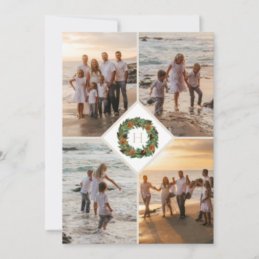 Kerstkrans Monogram Multi Foto Kerstmis Feestdagenkaart (Voorkant)
