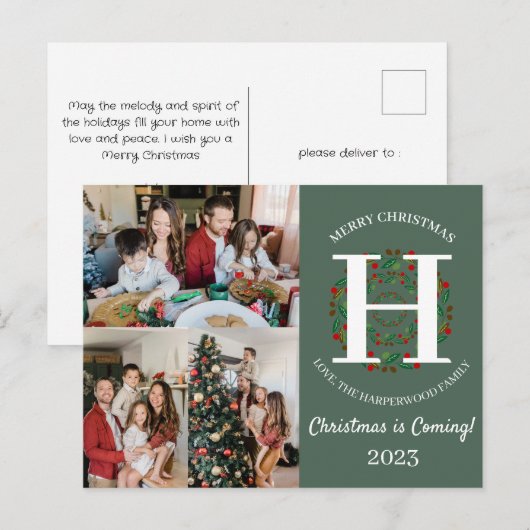 Kerstkrans Monogram Script Familie Foto Feestdagenkaart (Voorkant / Achterkant)