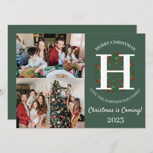 Kerstkrans Monogram Script Familie Foto Feestdagenkaart (Voorkant / Achterkant)