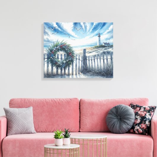Kerstkrans op een strandhek canvas afdruk (Insitu (Woonkamer))