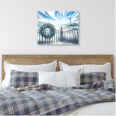 Kerstkrans op een strandhek canvas afdruk (Insitu (Slaapkamer))