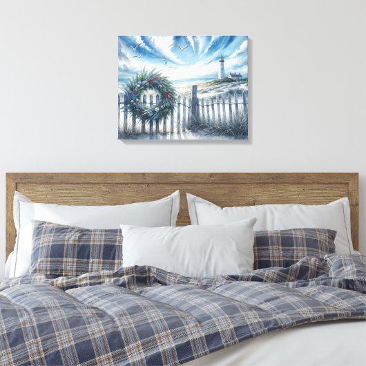 Kerstkrans op een strandhek canvas afdruk (Insitu (Slaapkamer))