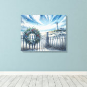 Kerstkrans op een strandhek canvas afdruk (Insitu (Houten vloer))