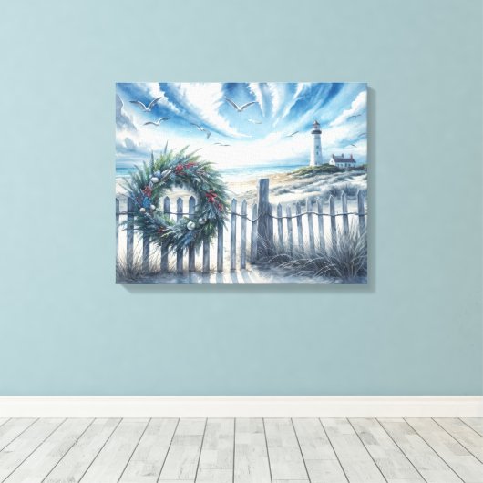 Kerstkrans op een strandhek canvas afdruk (Insitu (Houten vloer))