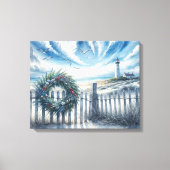 Kerstkrans op een strandhek canvas afdruk (Voorkant)