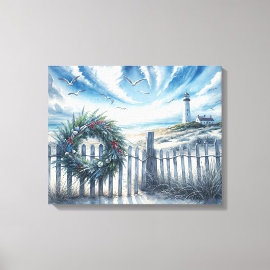 Kerstkrans op een strandhek canvas afdruk (Voorkant)