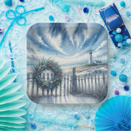 Kerstkrans op een strandhek papieren bordje (Feest)