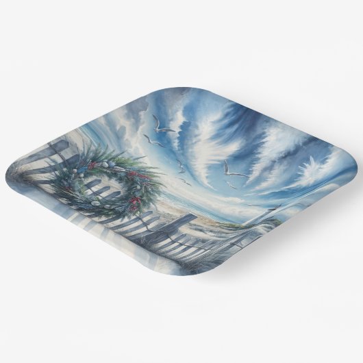 Kerstkrans op een strandhek papieren bordje (Gebogen)