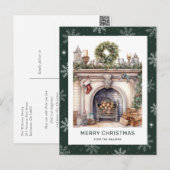 Kerstkrans open haard Snowflake Groen Feestdagenkaart (Voorkant / Achterkant)