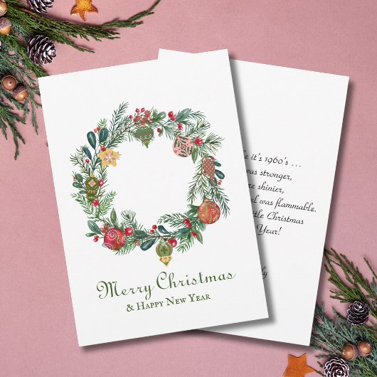 Kerstkrans & ornamenten retro vintage grappig kaart