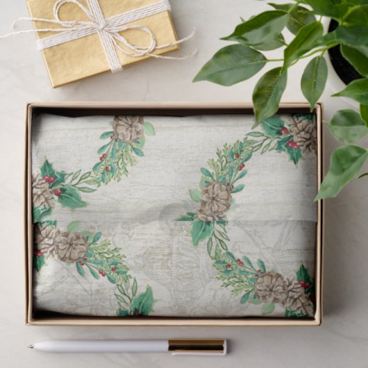 Kerstkrans Pine Cone Holly Rustic Barn Wood Tissuepapier (Geschenk)