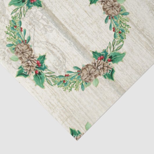 Kerstkrans Pine Cone Holly Rustic Barn Wood Tissuepapier (Detail)