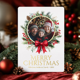 Kerstkrans Pine Leaves Holly Berries Foto Folie Feestdagenkaart