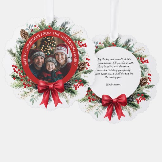 Kerstkrans Pine Leaves Holly Berries Foto Ornament Kaart (Voorkant / Achterkant)