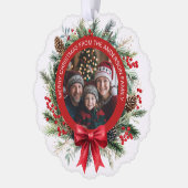 Kerstkrans Pine Leaves Holly Berries Foto Ornament Kaart (Links)