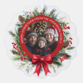 Kerstkrans Pine Leaves Holly Berries Foto Ornament Kaart (Voorkant)