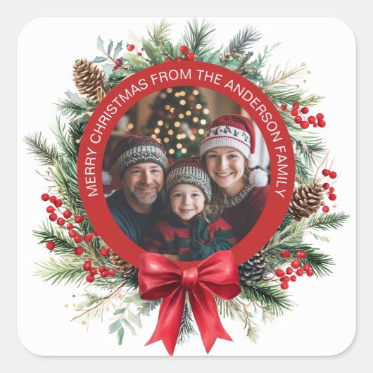Kerstkrans Pine Leaves Holly Berries Foto Vierkante Sticker (Voorkant)