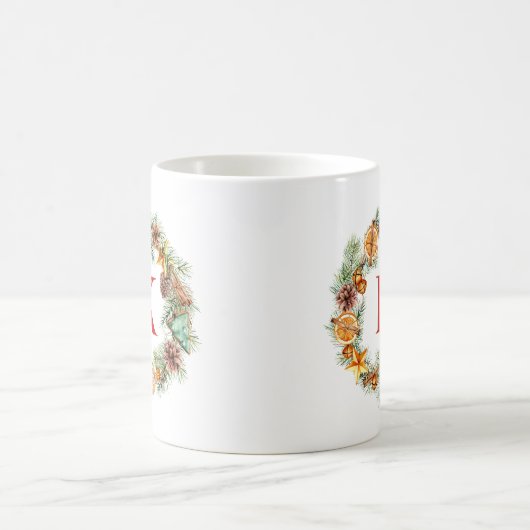 Kerstkrans Pinecone en Evergreens Monogram Koffiemok (Center)