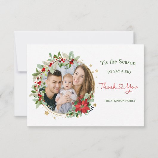 Kerstkrans Poinsettia Foto Dank u kaart (Voorkant)