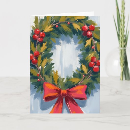 Kerstkrans Red Bow Holiday Kaart (Voorkant)