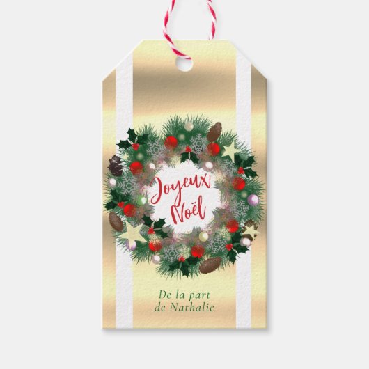 Kerstkrans, rode ballen, dennenappels cadeaulabel (Voorkant)