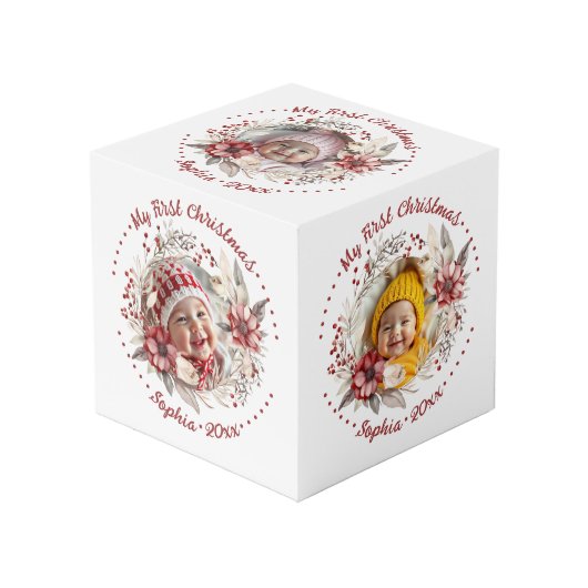 Kerstkrans, rode bloemen, bessen foto kubus (Voorkant hoekig)