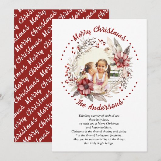Kerstkrans rode bloemen en bessen foto feestdagenkaart (Voorkant / Achterkant)