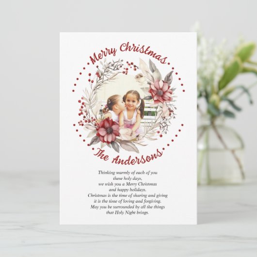 Kerstkrans rode bloemen en bessen foto feestdagenkaart (Staand voorkant)
