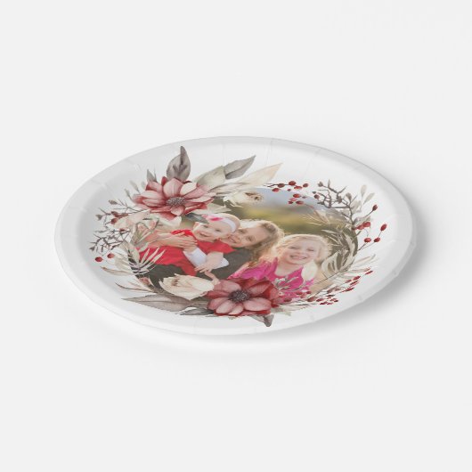 Kerstkrans, rode bloemen en bessen foto papieren bordje (Gekanteld)