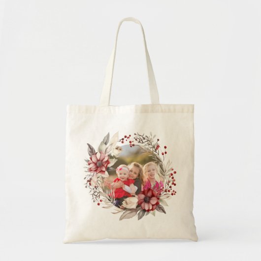 Kerstkrans, rode bloemen en bessen foto tote bag (Voorkant)