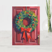Kerstkrans Rode Deur Aquarel Feestdagen Kaart (Voorkant)